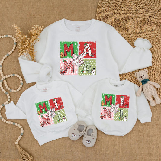 Festive Mama & Mini Christmas Sweatshirts, Matching Mommy and Me Holiday Sweaters, Playful Red Green Pink Graphic Outfit Cute Mother Daughter Gift