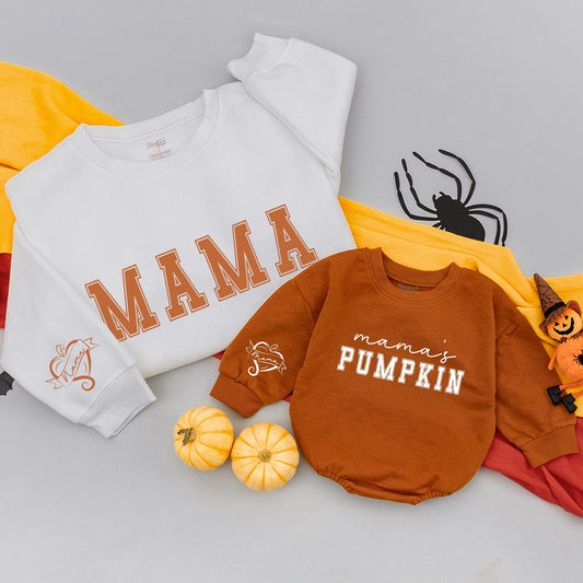 Mama and Mama's Pumpkin Matching Fall Sweatshirts Cute Autumn Family Outfits Thanksgiving Holiday Bash