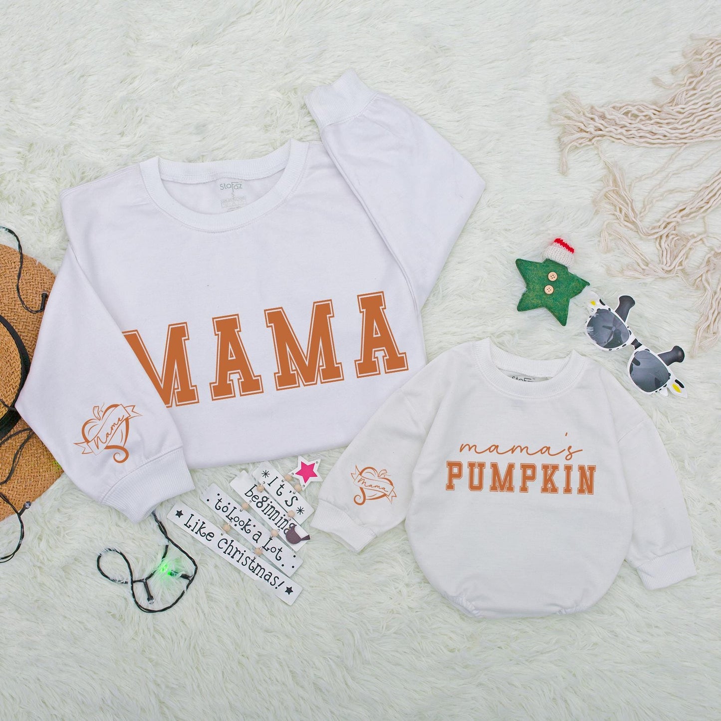 Mama and Mama's Pumpkin Matching Fall Sweatshirts Cute Autumn Family Outfits Thanksgiving Holiday Bash