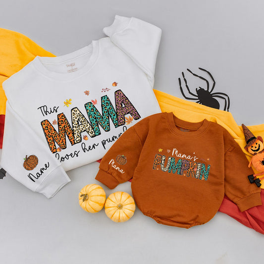 This Mama Loves Her Pumpkins Matching Family Sweatshirts: Teal, Orange Animal Print Fall Thanksgiving Mommy and Me Outfits Autumn Clothes 137