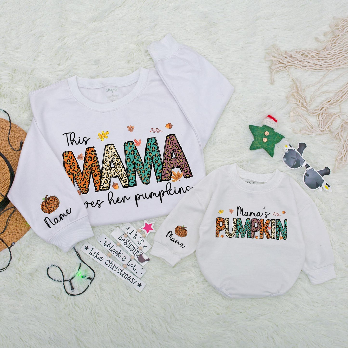 This Mama Loves Her Pumpkins Matching Family Sweatshirts: Teal, Orange Animal Print Fall Thanksgiving Mommy and Me Outfits Autumn Clothes 137
