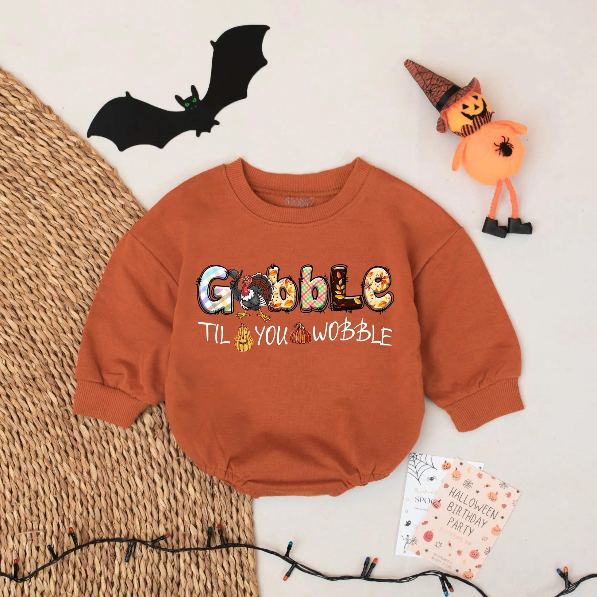Gobble Til You Wobble Baby Thanksgiving Romper - Personalized Turkey Outfit with Plaid & Leaves Design, First Thanksgiving Gift