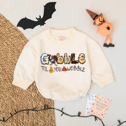 Gobble Til You Wobble Baby Thanksgiving Romper - Personalized Turkey Outfit with Plaid & Leaves Design, First Thanksgiving Gift