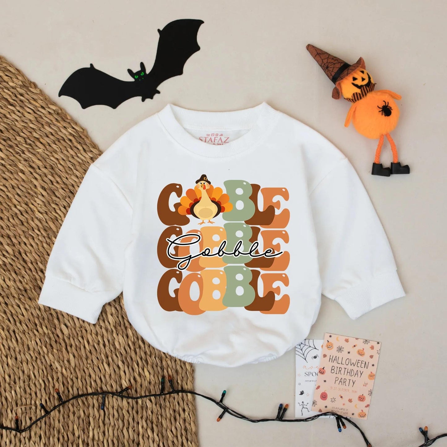 Gobble Thanksgiving Baby Romper: Retro Turkey Bodysuit for First Thanksgiving, Funny Holiday Outfit in Earth Tones, Soft Cotton Newborn Clothes (138 chars)