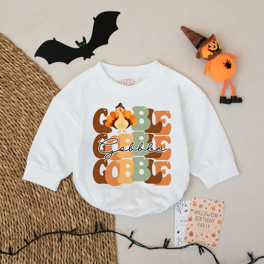 Gobble Thanksgiving Baby Romper: Retro Turkey Bodysuit for First Thanksgiving, Funny Holiday Outfit in Earth Tones, Soft Cotton Newborn Clothes (138 chars)