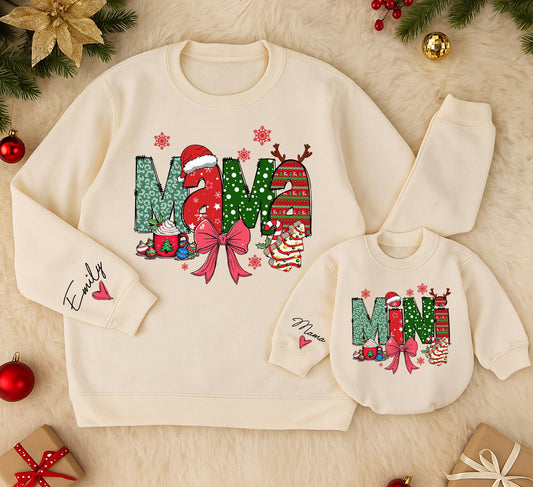 Mama and Mini Christmas Sweatshirt Matching Set, Festive Leopard Print Holiday Outfit for Mom Daughter, Cheerful Xmas Gift, Cozy Winter Clothes  