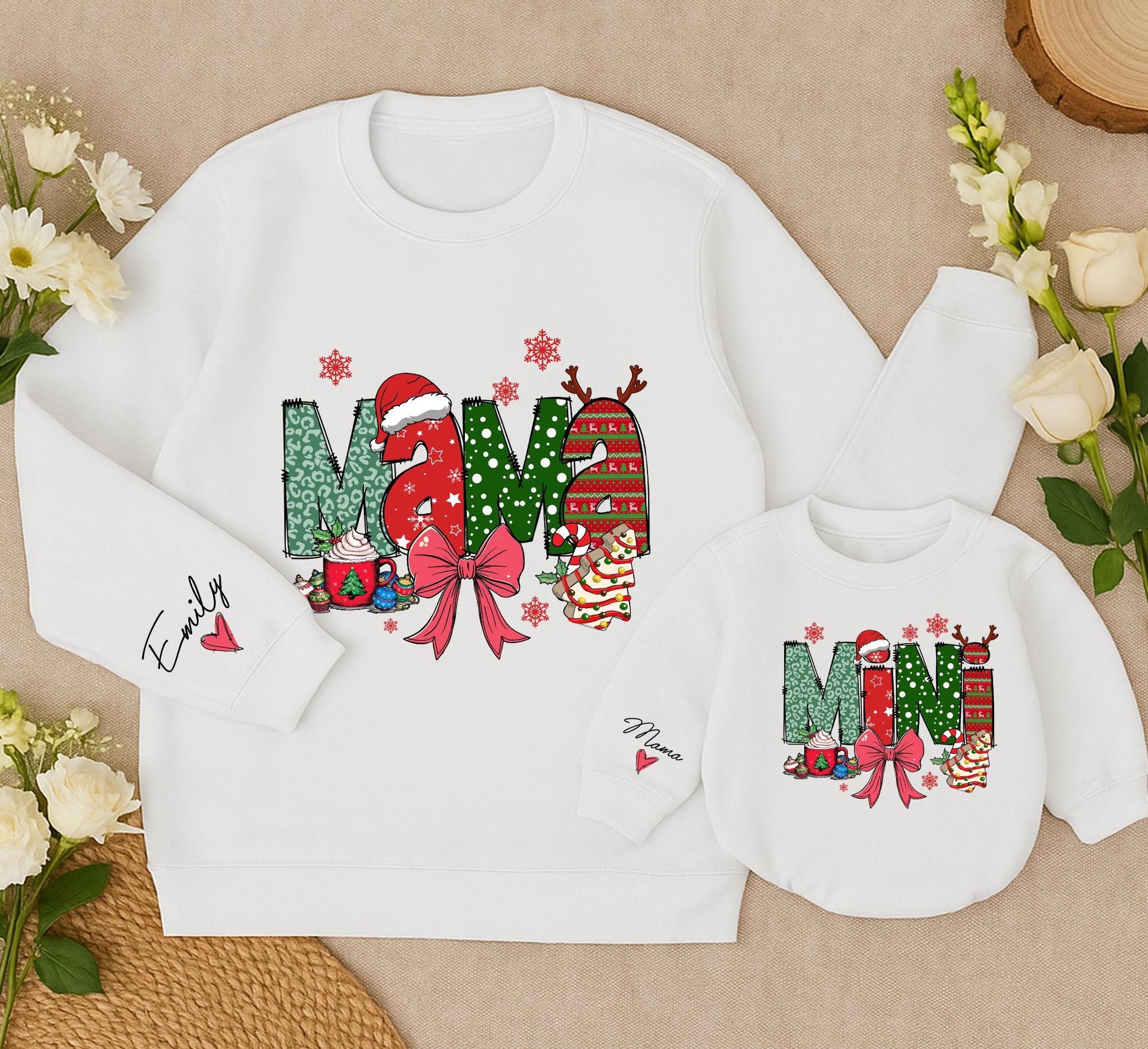 Mama and Mini Christmas Sweatshirt Matching Set, Festive Leopard Print Holiday Outfit for Mom Daughter, Cheerful Xmas Gift, Cozy Winter Clothes  
