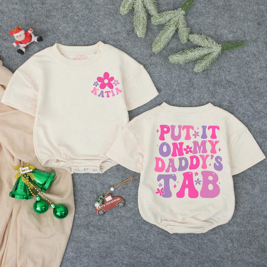 Custom Put It On Daddy's Tab Baby Girl Romper, Funny Father's Day Gift for New Dad, Pink Flower Design Toddler Outfit