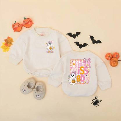 Personalized Little Miss Boo Romper: Custom Baby Girl Halloween Outfit with Cute Ghost & Bows, Fall Clothes, Spooky Season First Halloween Gift (138 chars)