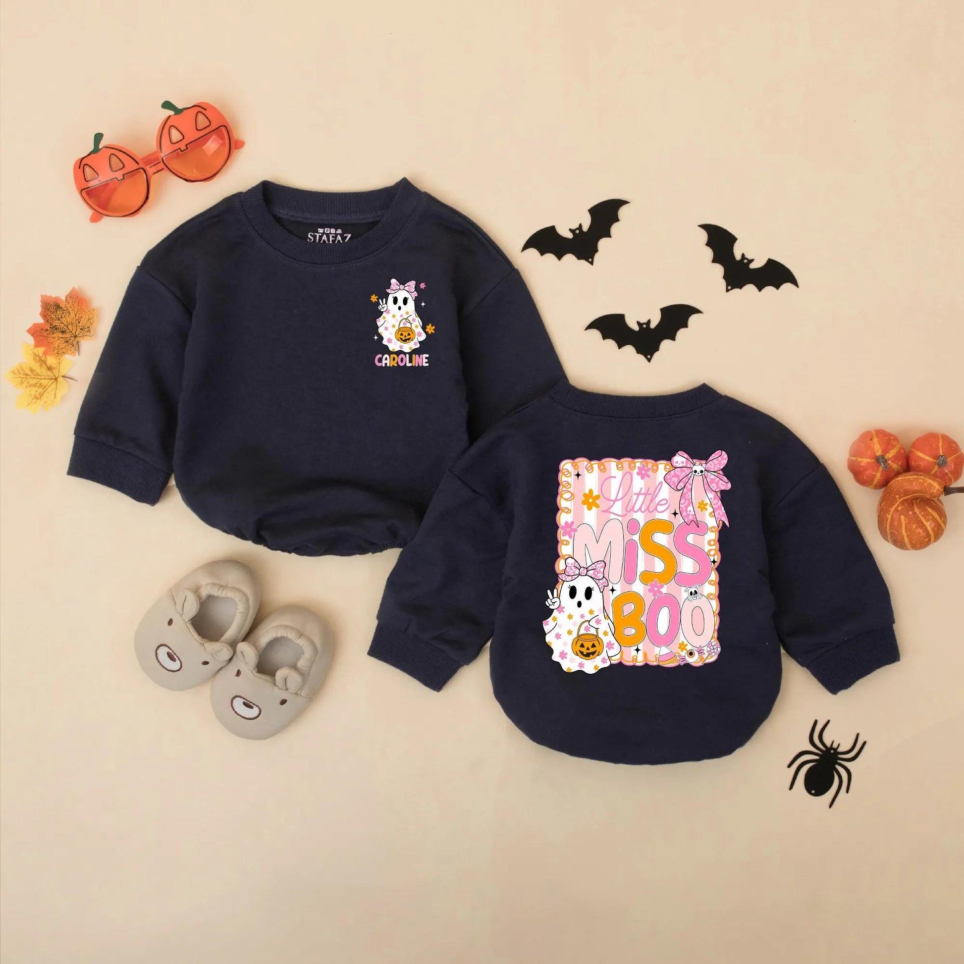 Personalized Little Miss Boo Romper: Custom Baby Girl Halloween Outfit with Cute Ghost & Bows, Fall Clothes, Spooky Season First Halloween Gift (138 chars)