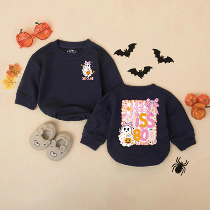 Personalized Little Miss Boo Romper: Custom Baby Girl Halloween Outfit with Cute Ghost & Bows, Fall Clothes, Spooky Season First Halloween Gift (138 chars)