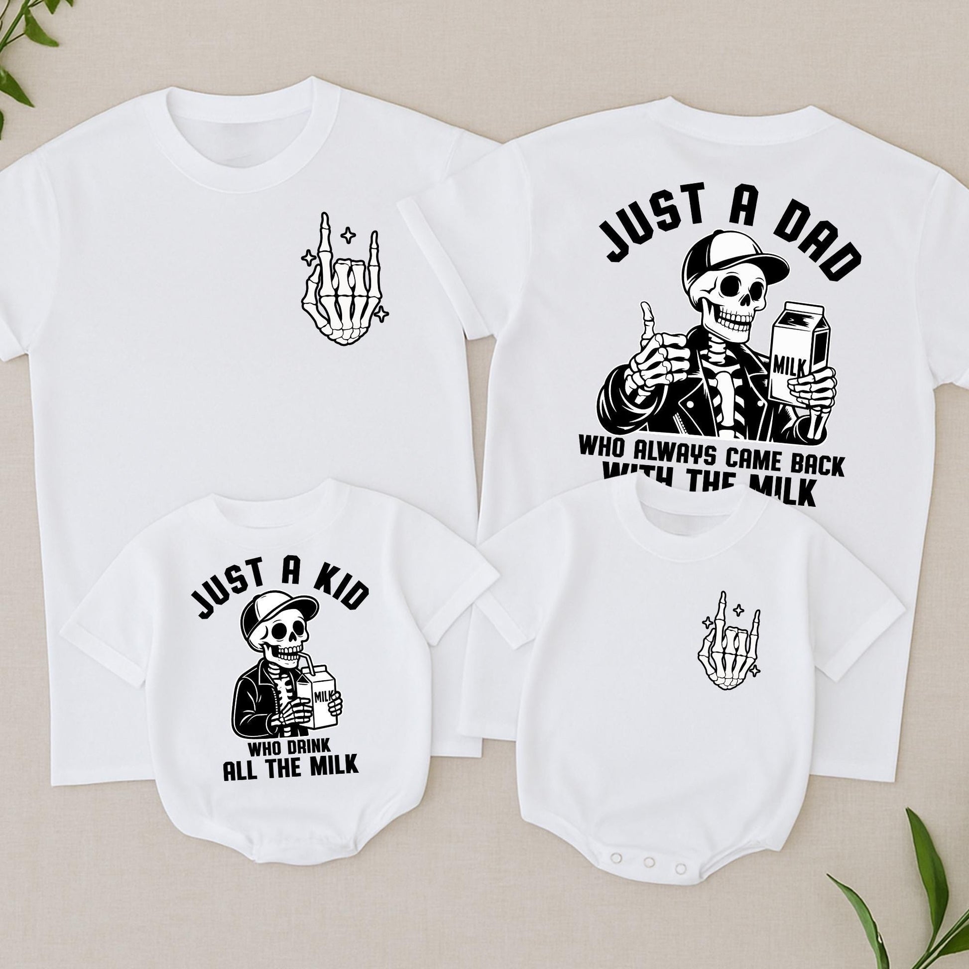 Just a Dad Back with the Milk Skeleton Halloween T-Shirt & Just a Kid Drinks All the Milk Baby Romper Matching Outfit