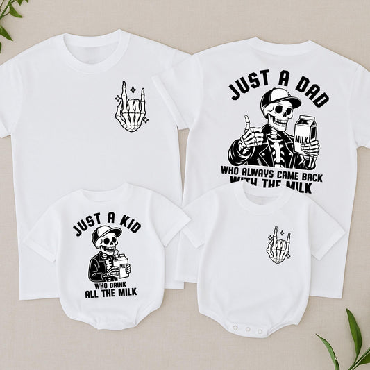 Just a Dad Back with the Milk Skeleton Halloween T-Shirt & Just a Kid Drinks All the Milk Baby Romper Matching Outfit