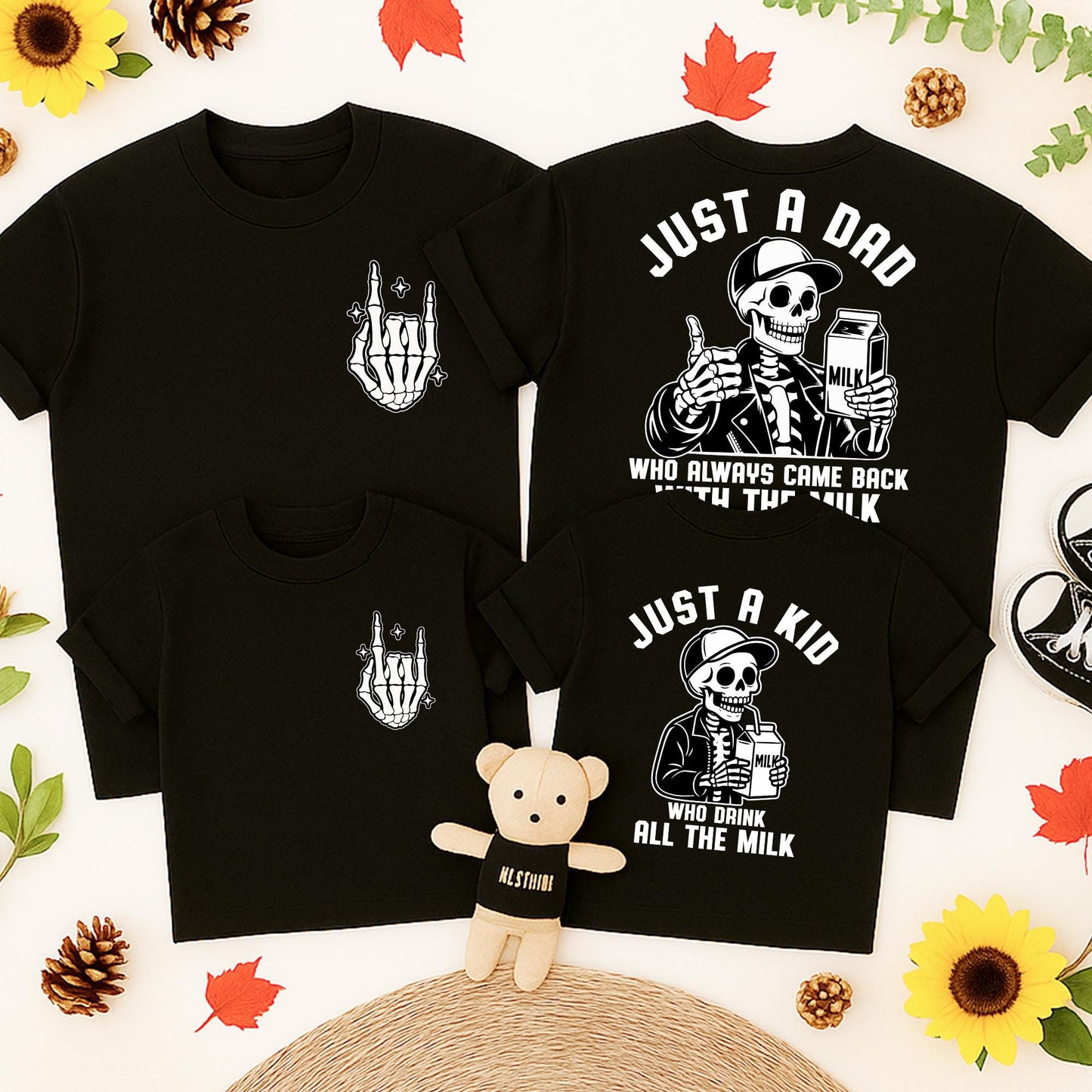 Just a Dad Back with the Milk Skeleton Halloween T-Shirt & Just a Kid Drinks All the Milk Baby Romper Matching Outfit