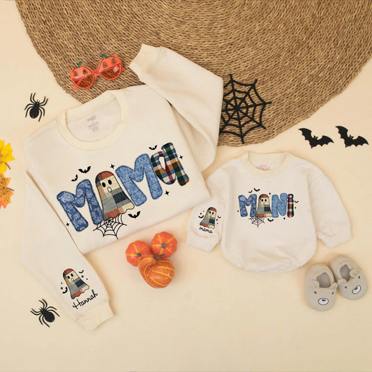 Matching Halloween Mama & Mini Plaid Ghost Sweatshirts, Spooky Family Outfits, Mommy and Me Cute Fall Shirts, Vintage Vibes
