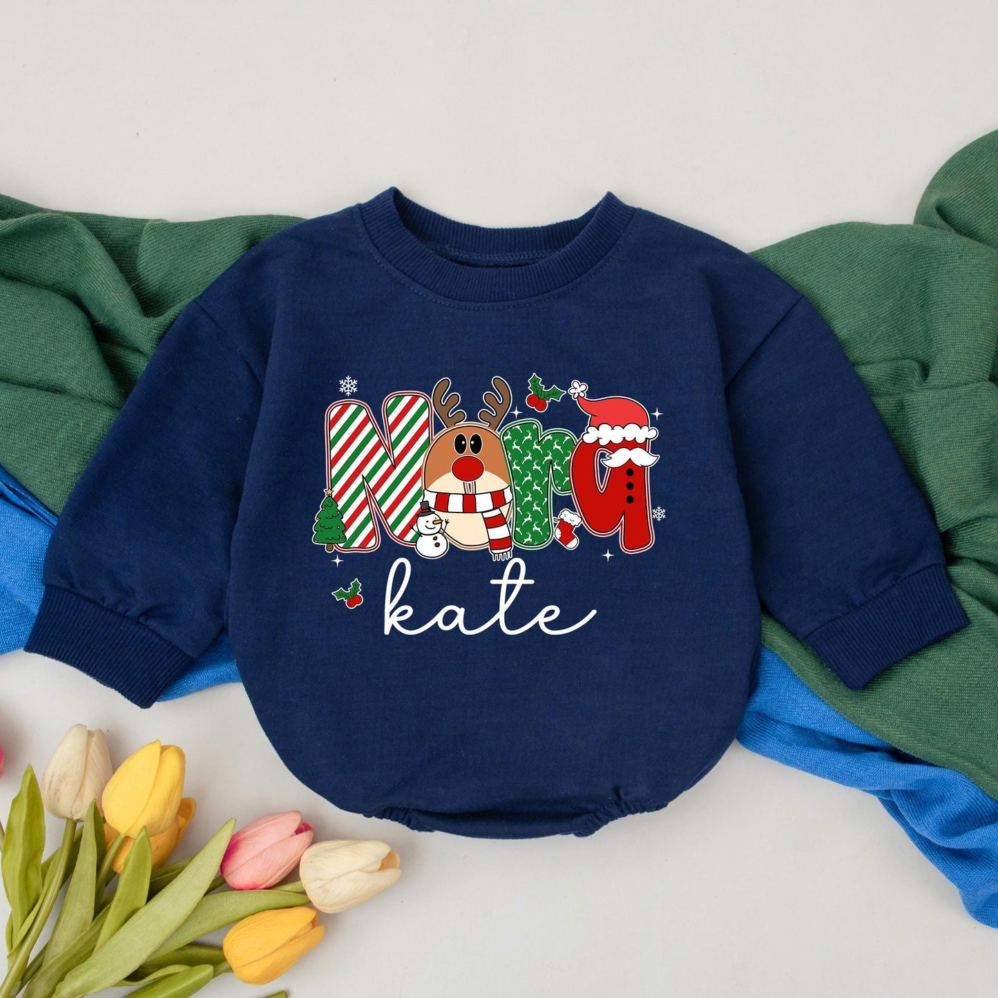 Personalized MAMA Christmas Baby Romper with 'kate' Name, Festive Reindeer Candy Cane Tree Santa Design, Winter Baby Girl Outfit First Xmas Gift