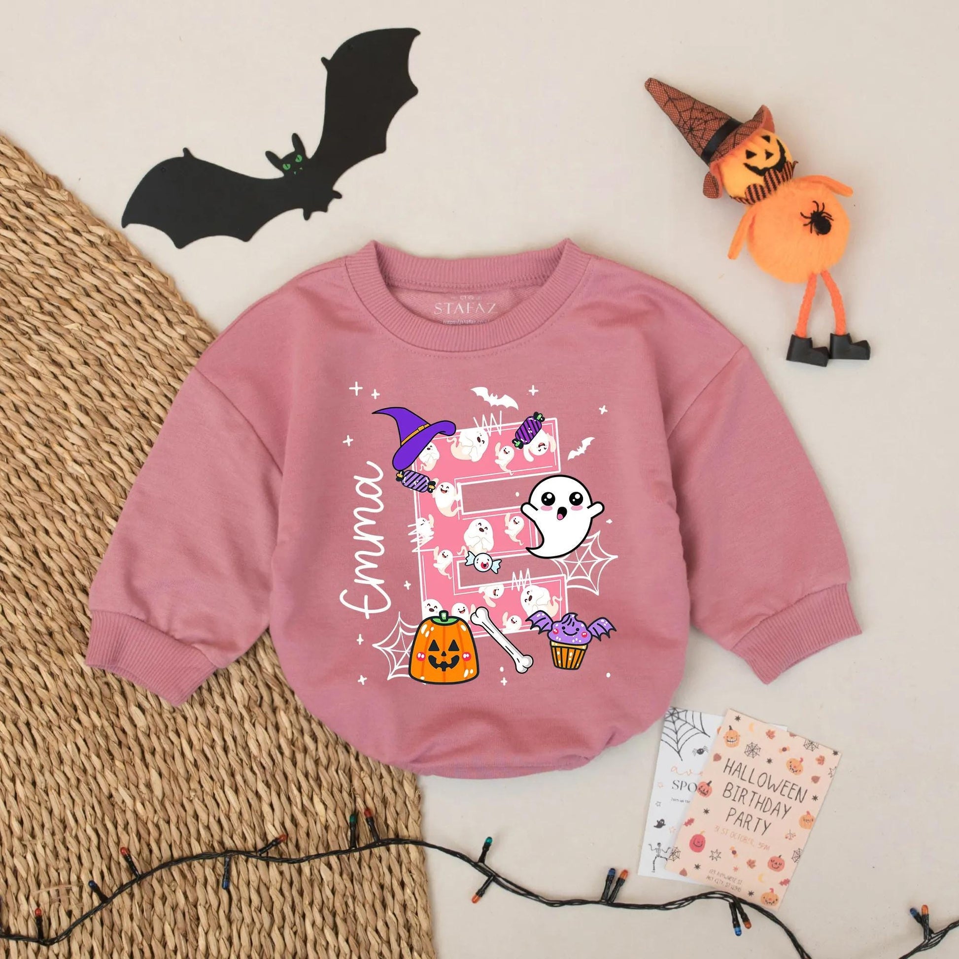 Personalized Emma Letter E Pink Polka Dot Halloween Baby Bubble Romper Retro Spooky Infant Girl Boy Fall Outfit Baby Shower Gift