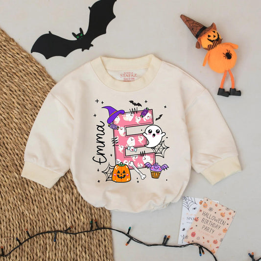 Personalized Emma Letter E Pink Polka Dot Halloween Baby Bubble Romper Retro Spooky Infant Girl Boy Fall Outfit Baby Shower Gift