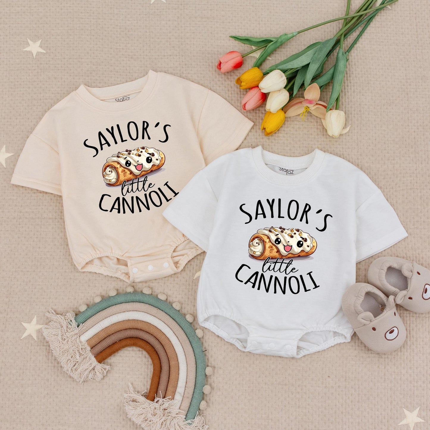 Custom Name Smiling Cannoli Baby Romper, Italian Foodie Infant Bodysuit, Playful Pastry Birthday Outfit with Whimsical Design