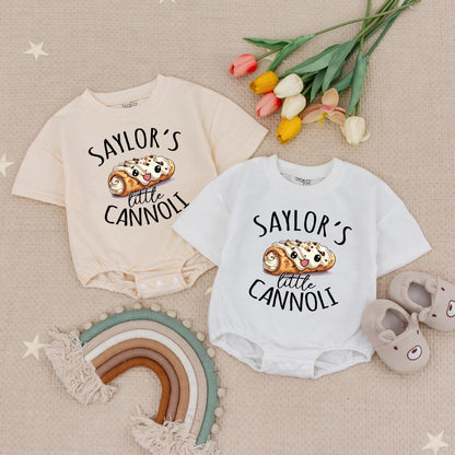 Custom Name Smiling Cannoli Baby Romper, Italian Foodie Infant Bodysuit, Playful Pastry Birthday Outfit with Whimsical Design