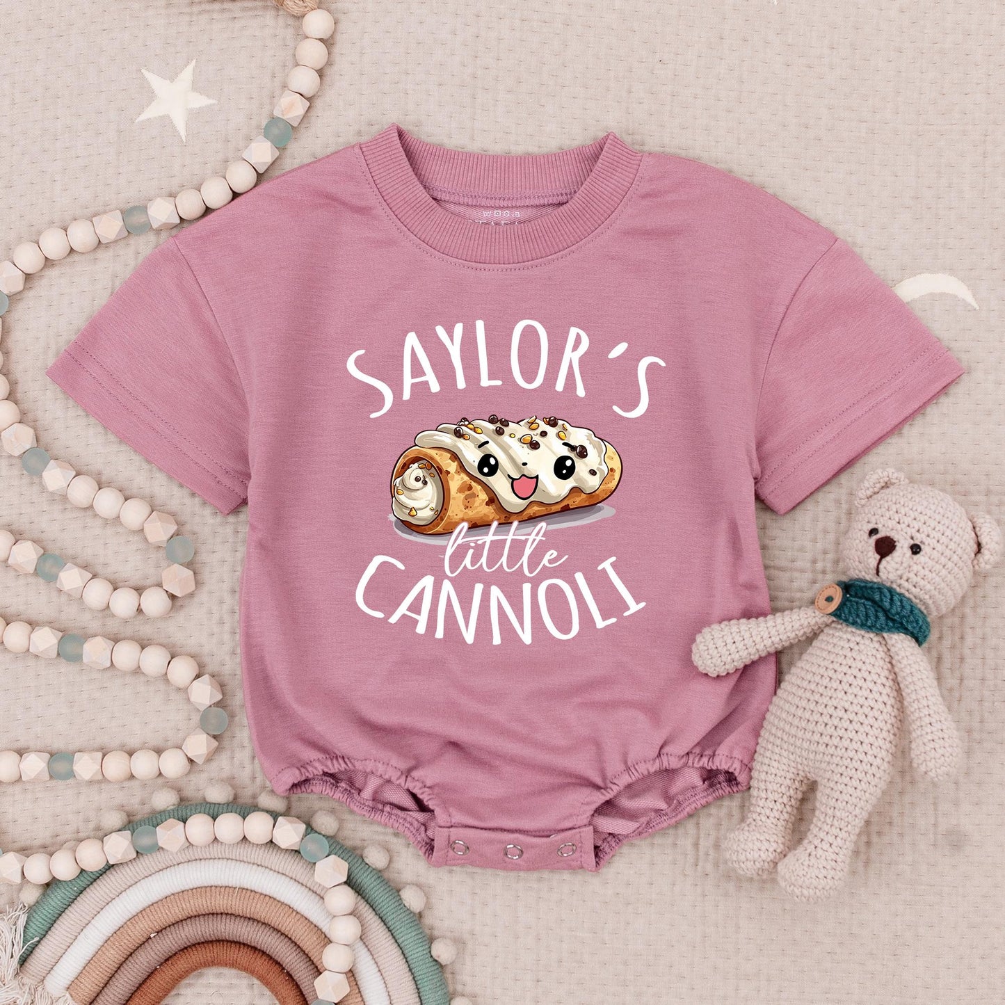 Custom Name Smiling Cannoli Baby Romper, Italian Foodie Infant Bodysuit, Playful Pastry Birthday Outfit with Whimsical Design