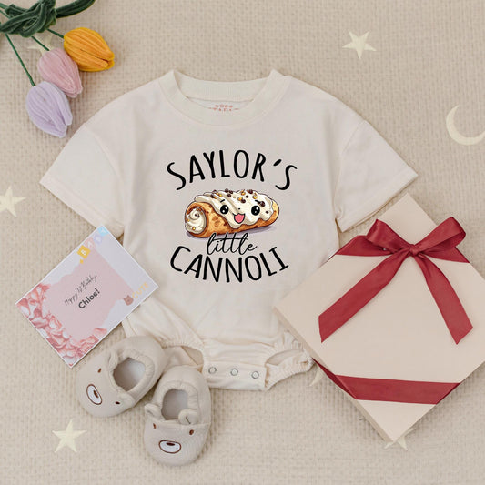 Custom Name Smiling Cannoli Baby Romper, Italian Foodie Infant Bodysuit, Playful Pastry Birthday Outfit with Whimsical Design