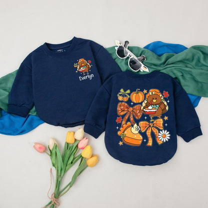 Personalized Thanksgiving Baby Romper, Cute Pilgrim Turkey Pumpkin Pie Outfit, Custom Name Fall Bodysuit, Autumn Colors, Thanksgiving Baby Gift 139