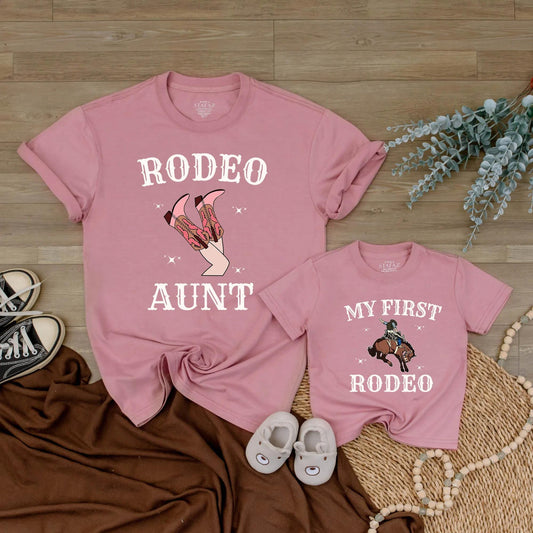 My First Rodeo Family Matching Shirts Western Cowboy Boots & Bucking Horse Design for Mom Dad Girl Boy Birthday Party Tees