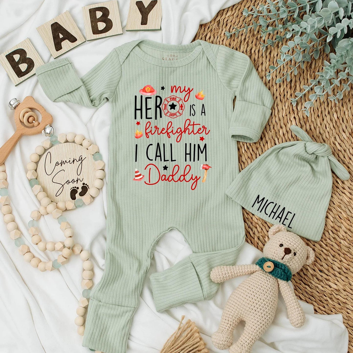 Custom My Hero Firefighter Baby Bodysuit I Call Him Daddy adorned with Flames Stars Helmet Axe, Newborn Outfit, perfect Baby Shower & Fathers Day Gift