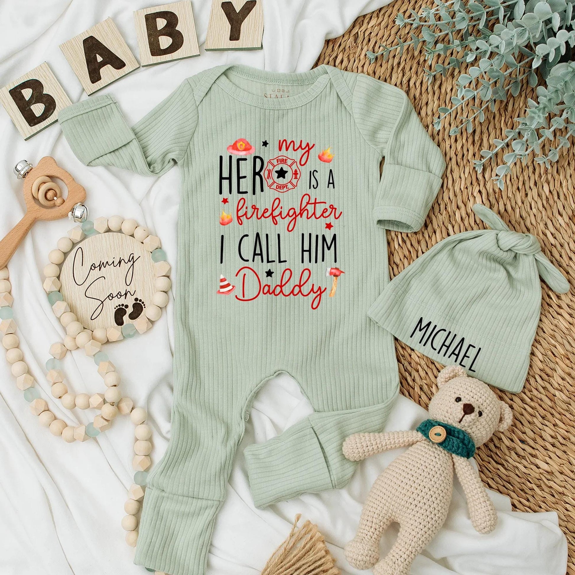 Custom My Hero Firefighter Baby Bodysuit I Call Him Daddy adorned with Flames Stars Helmet Axe, Newborn Outfit, perfect Baby Shower & Fathers Day Gift