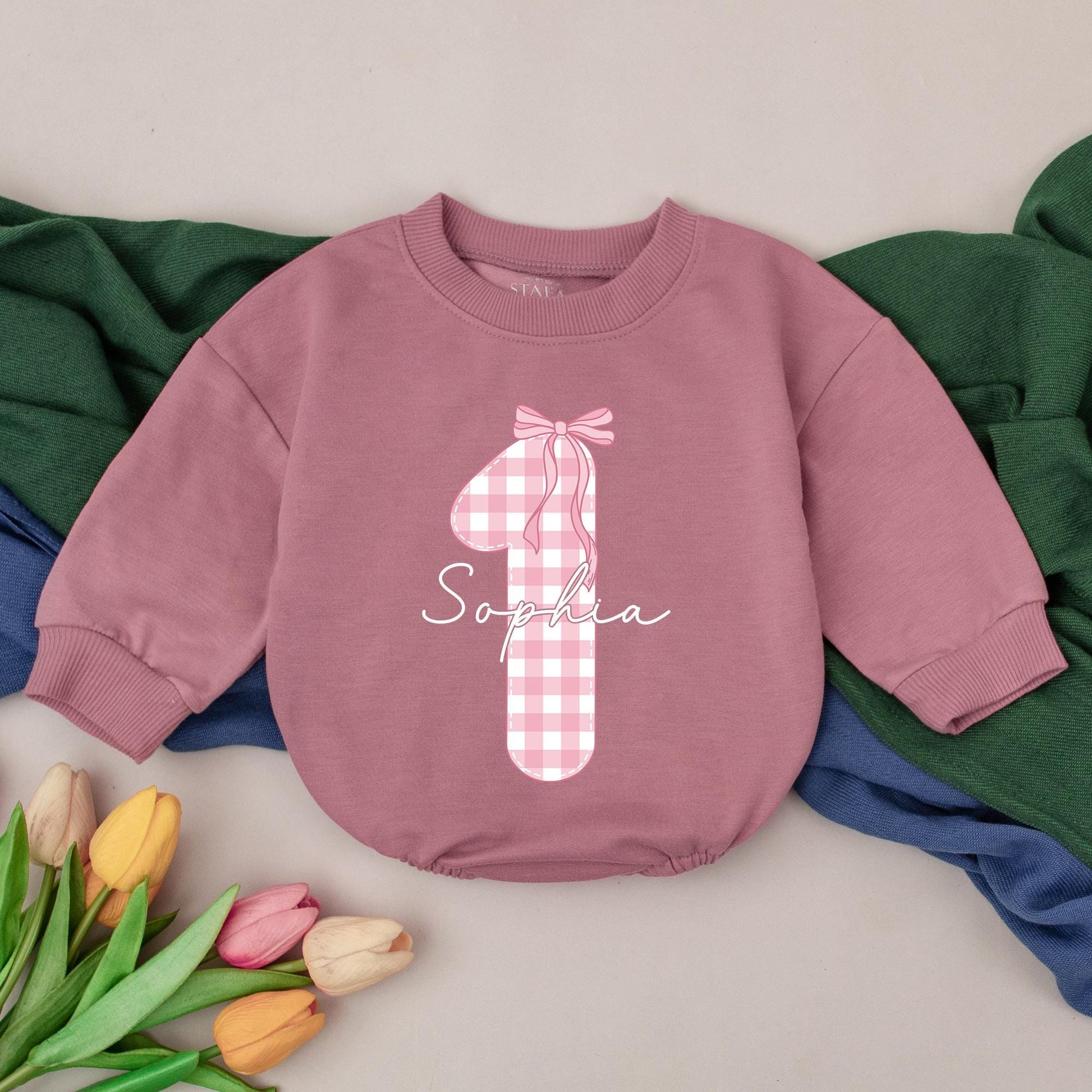 Cute Sophia 1st Birthday Girl Romper with Pink Gingham Number 1 & Bow Soft Girly Toddler Outfit Baby Shower Gift Personalized