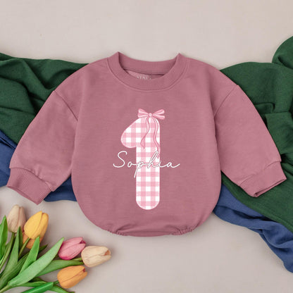Cute Sophia 1st Birthday Girl Romper with Pink Gingham Number 1 & Bow Soft Girly Toddler Outfit Baby Shower Gift Personalized