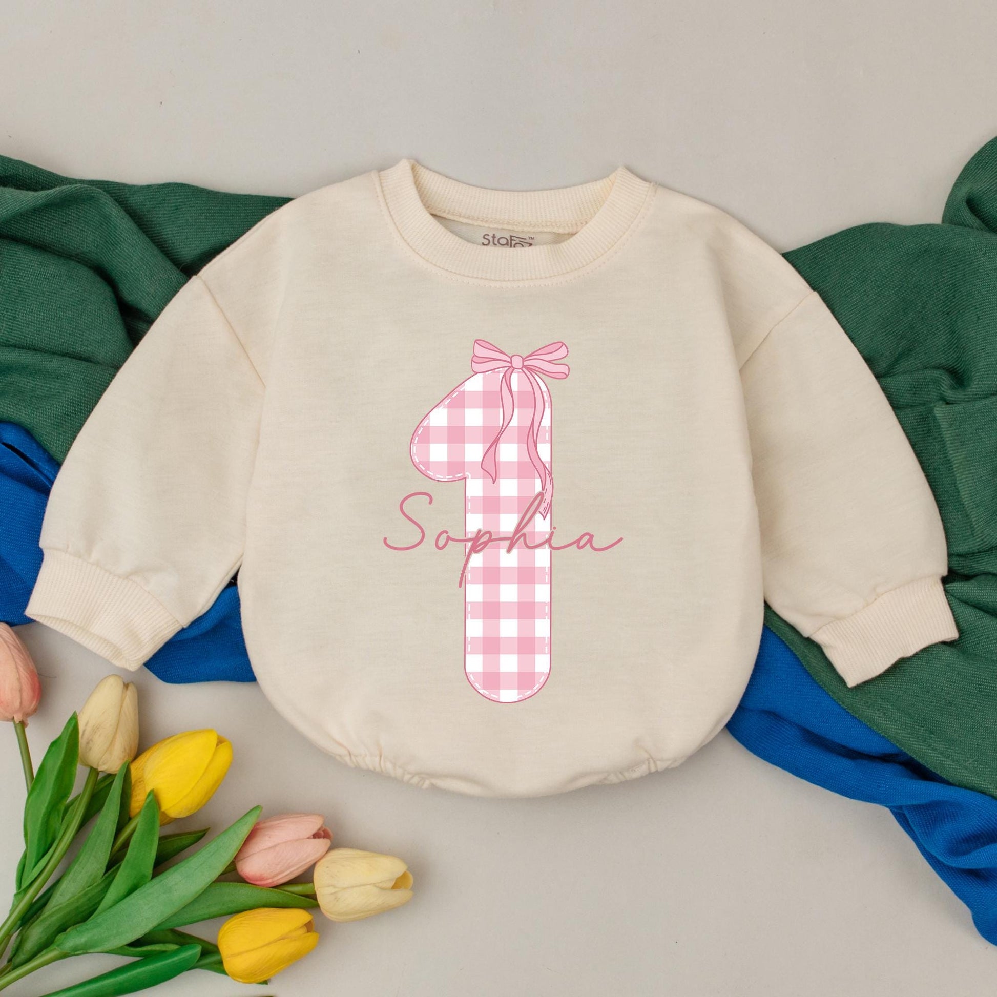 Cute Sophia 1st Birthday Girl Romper with Pink Gingham Number 1 & Bow Soft Girly Toddler Outfit Baby Shower Gift Personalized