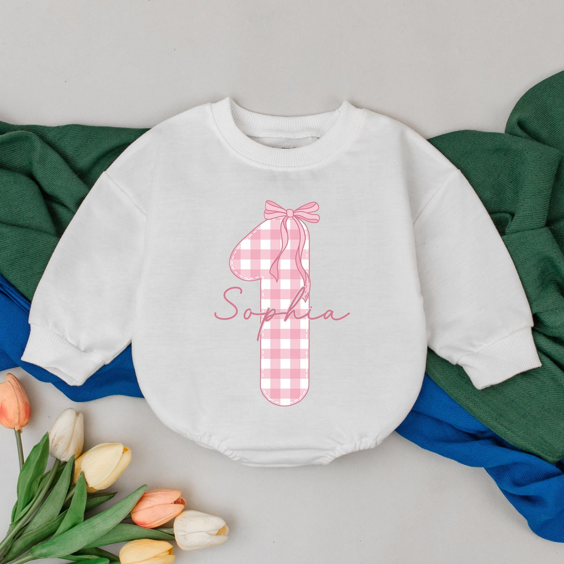 Cute Sophia 1st Birthday Girl Romper with Pink Gingham Number 1 & Bow Soft Girly Toddler Outfit Baby Shower Gift Personalized