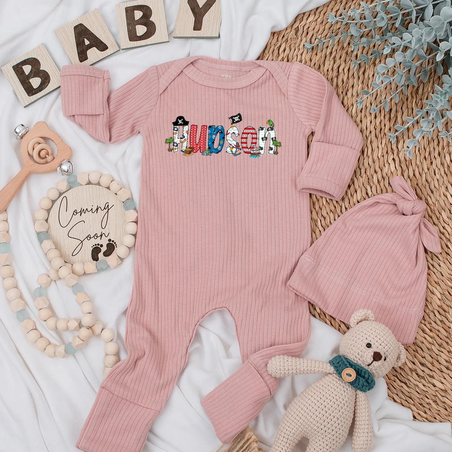 Hudson Pirate Name Baby Bodysuit Cute Cartoon Skull Treasure Chest Parrot Nautical Stripes Personalized Baby Shower Gift Newborn Outfit