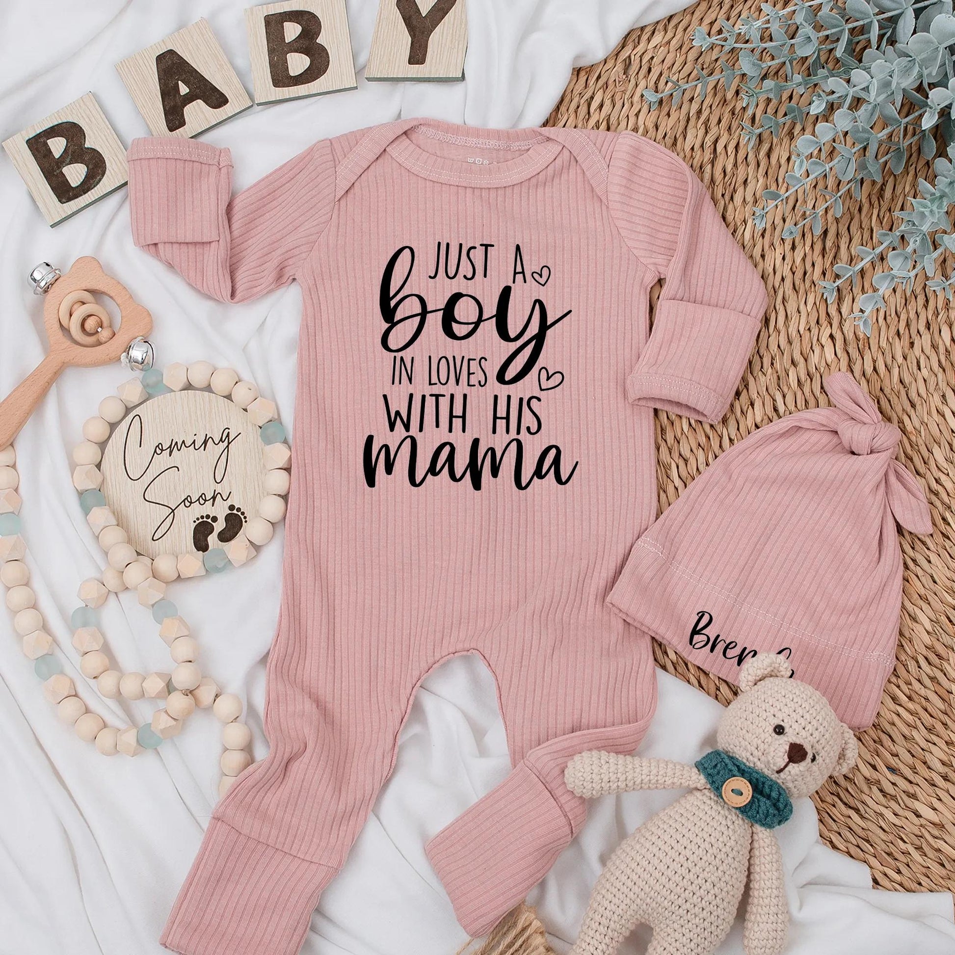 Just A Boy In Love With His Mama Sweet Black Ink Cursive Font Baby Bodysuit Modern Newborn Clothes Perfect Mama's Boy Gift For Mother's Day Baby Shower