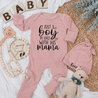 Just A Boy In Love With His Mama Sweet Black Ink Cursive Font Baby Bodysuit Modern Newborn Clothes Perfect Mama's Boy Gift For Mother's Day Baby Shower
