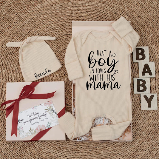 Just A Boy In Love With His Mama Sweet Black Ink Cursive Font Baby Bodysuit Modern Newborn Clothes Perfect Mama's Boy Gift For Mother's Day Baby Shower