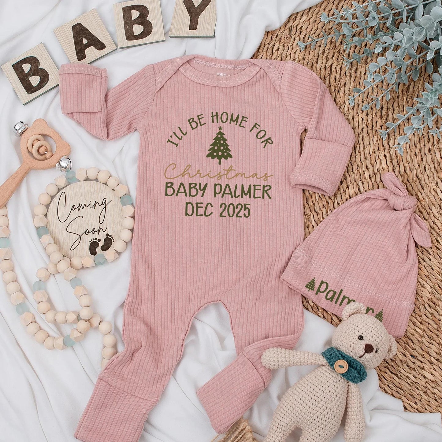 Custom Palmer Christmas Baby Bodysuit Beanie Set December 2025 Newborn Retro 'I'll Be Home For' Vintage Holiday Coming Home Gift