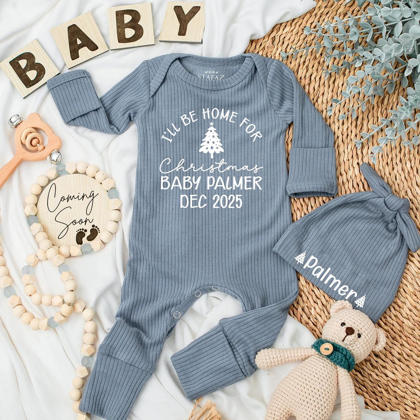 Custom Palmer Christmas Baby Bodysuit Beanie Set December 2025 Newborn Retro 'I'll Be Home For' Vintage Holiday Coming Home Gift