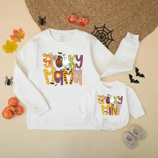Spooky Mama & Mini Halloween Matching Sweatshirts: Festive Ghost & Pumpkin Design for Mommy and Me, Cheerful Spooky Season Style, Fun Fall Gift Set