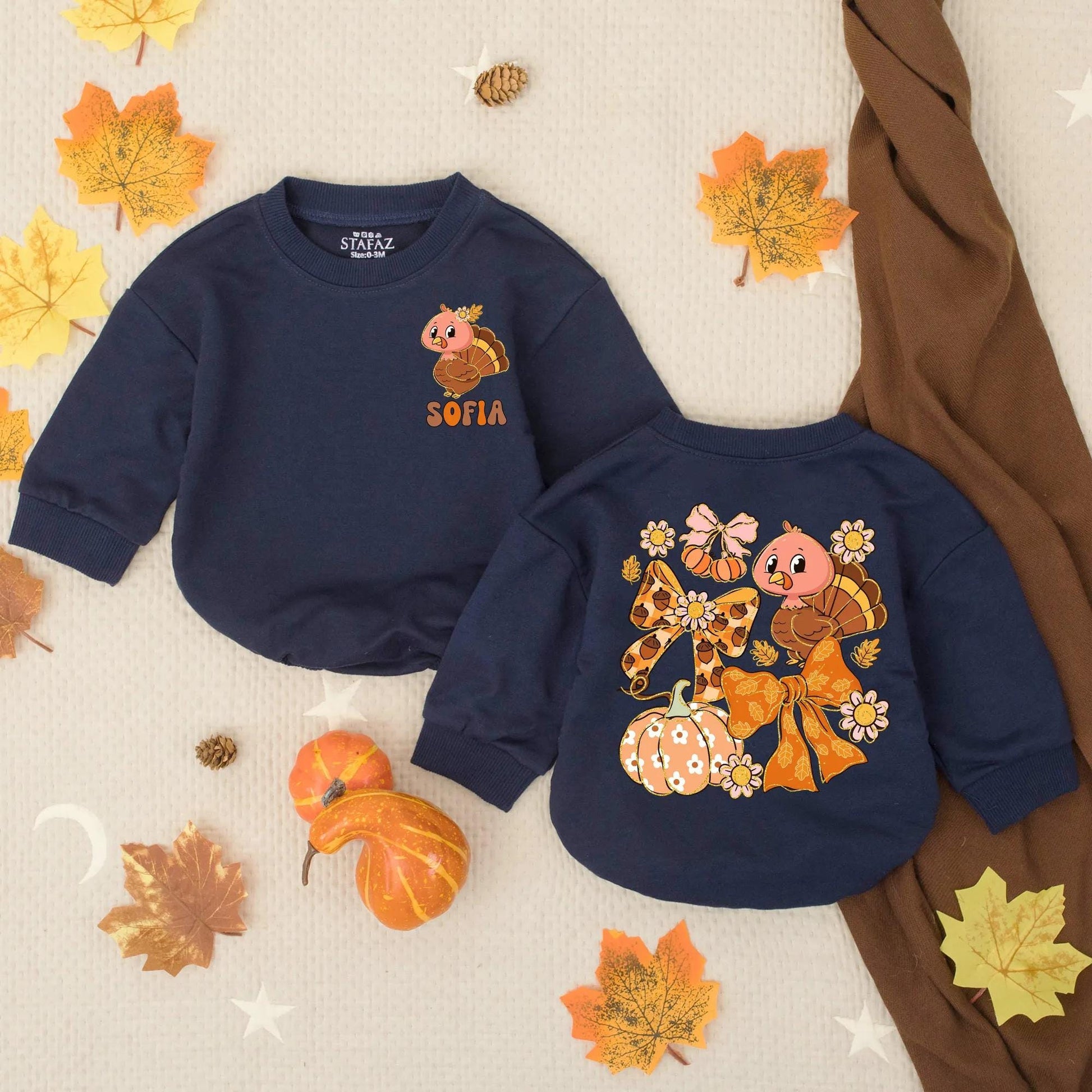 Custom Preppy Fall Turkey Baby Romper Thanksgiving Infant Outfit Toddler Gobble Clothes Warm Colorful Retro Pumpkin Flower Bow Design Holiday Gift