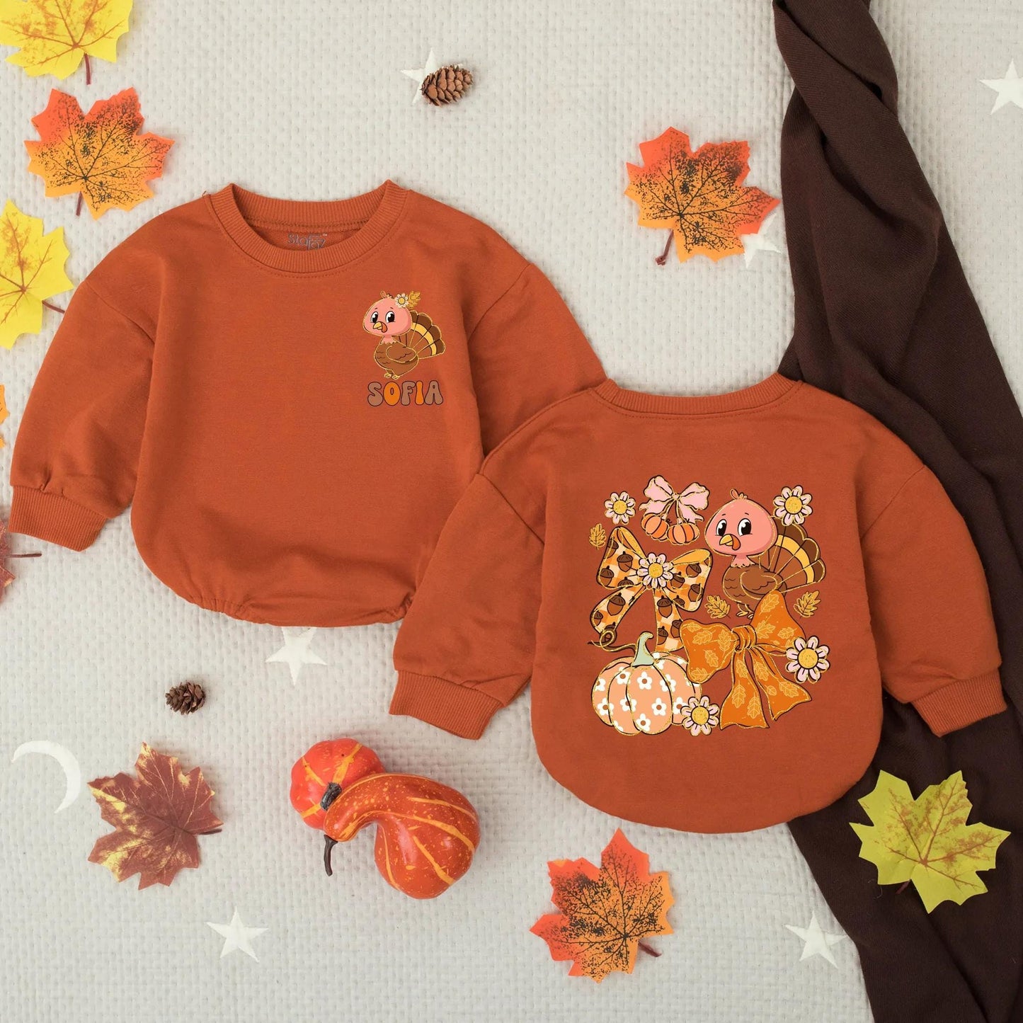 Custom Preppy Fall Turkey Baby Romper Thanksgiving Infant Outfit Toddler Gobble Clothes Warm Colorful Retro Pumpkin Flower Bow Design Holiday Gift