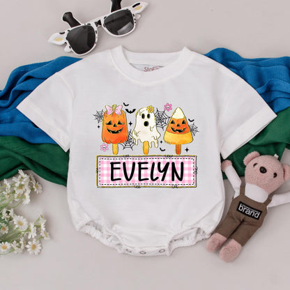 EVELYN's Personalized Halloween Ice Cream Romper Baby Girl Outfit Retro Ghost Pumpkin & Candy Corn Design Custom Baby Shower Gift