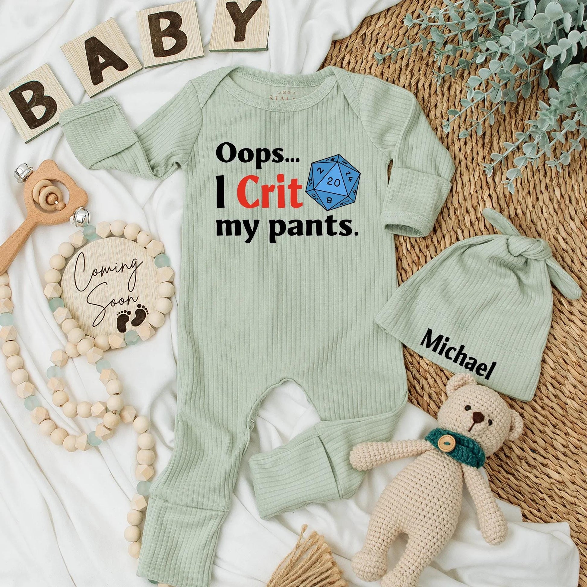 Oops I Crit My Pants Baby Bodysuit with Blue D20 Dice Design, Nerdy Newborn Outfit, Hilarious Baby Shower Gift for Gaming Parents, Funny Pregnancy Reveal, Gender Neutral Cotton Baby Clothes