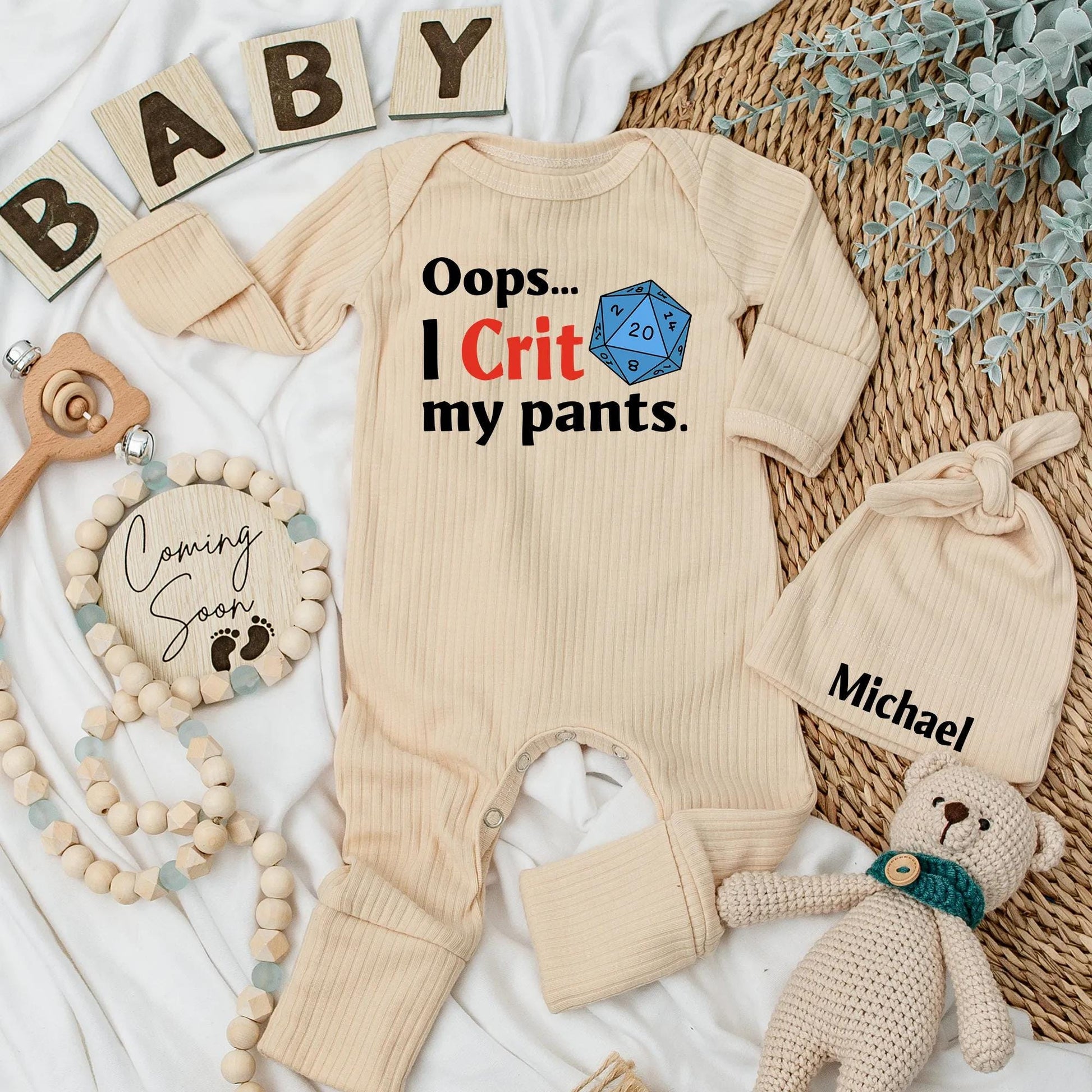 Oops I Crit My Pants Baby Bodysuit with Blue D20 Dice Design, Nerdy Newborn Outfit, Hilarious Baby Shower Gift for Gaming Parents, Funny Pregnancy Reveal, Gender Neutral Cotton Baby Clothes