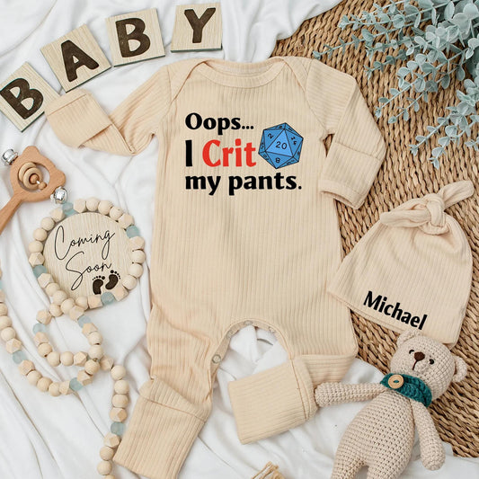 Oops I Crit My Pants Baby Bodysuit with Blue D20 Dice Design, Nerdy Newborn Outfit, Hilarious Baby Shower Gift for Gaming Parents, Funny Pregnancy Reveal, Gender Neutral Cotton Baby Clothes