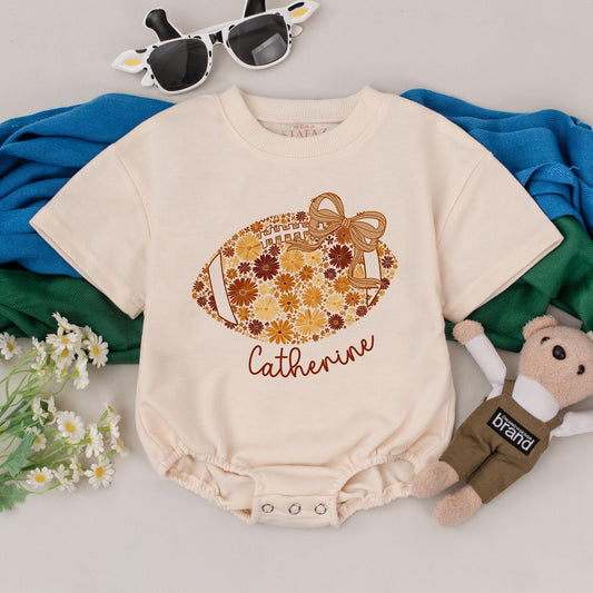 Personalized Floral Football Romper with Name Catherine Baby Girl Game Day Outfit Retro Brown Beige Chinoiserie Bubble Newborn Gift