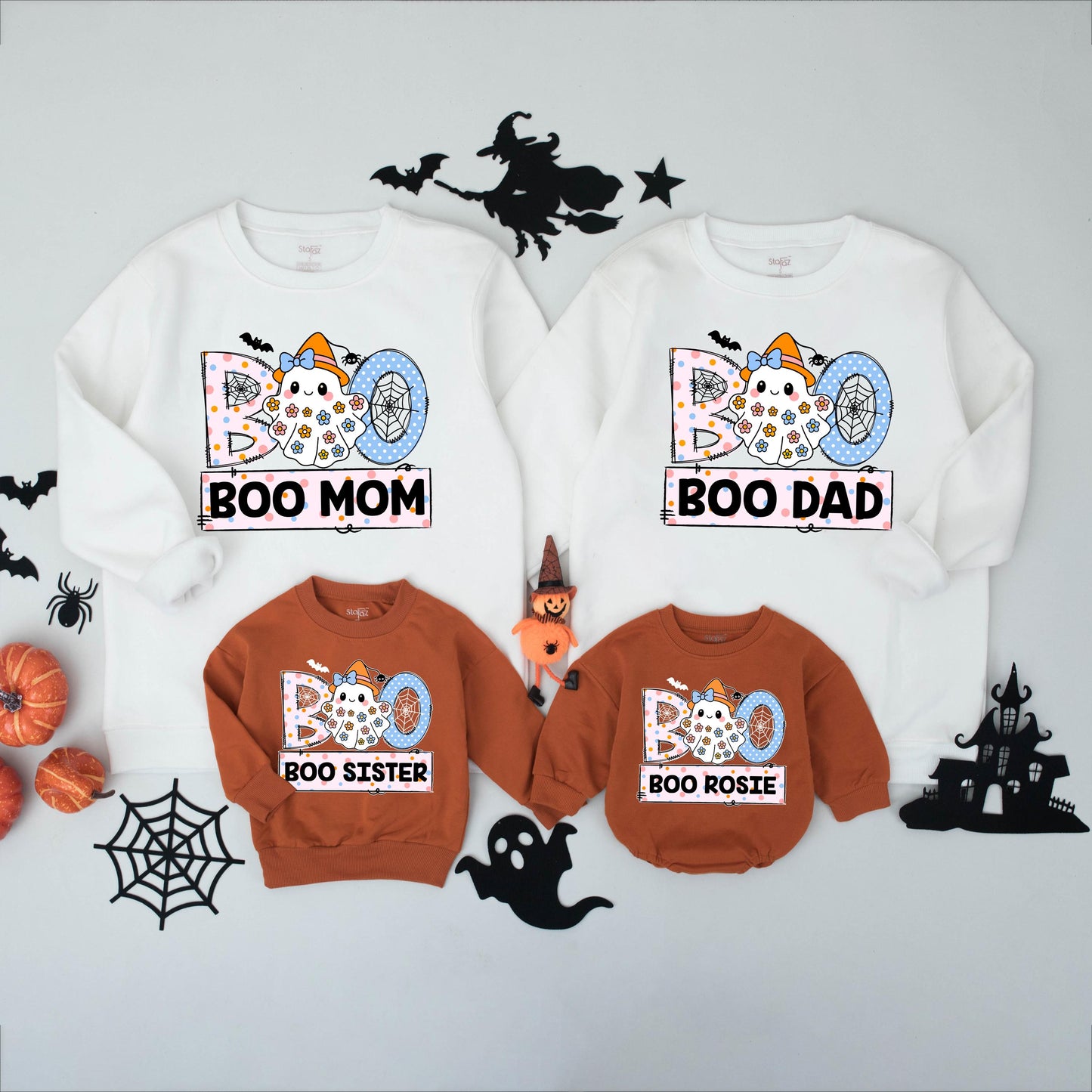 Personalized Boo Ghost Family Matching Halloween Shirts with Witch Hat, Playful Pastel Name Tees for Kids, Baby & Toddlers, Floral Decorated.