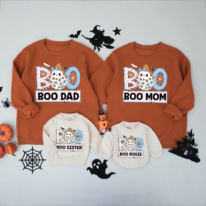 Personalized Boo Ghost Family Matching Halloween Shirts with Witch Hat, Playful Pastel Name Tees for Kids, Baby & Toddlers, Floral Decorated.
